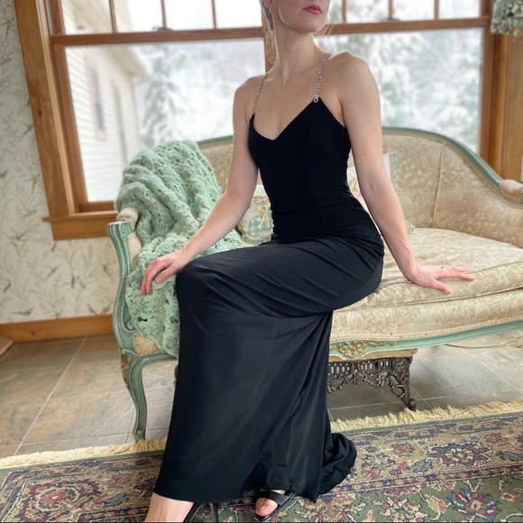 Vintage 90’s Dress Metal Diamond Rhinestone Backless Dress Maxi Black Slip Prom - Picture 5 of 17